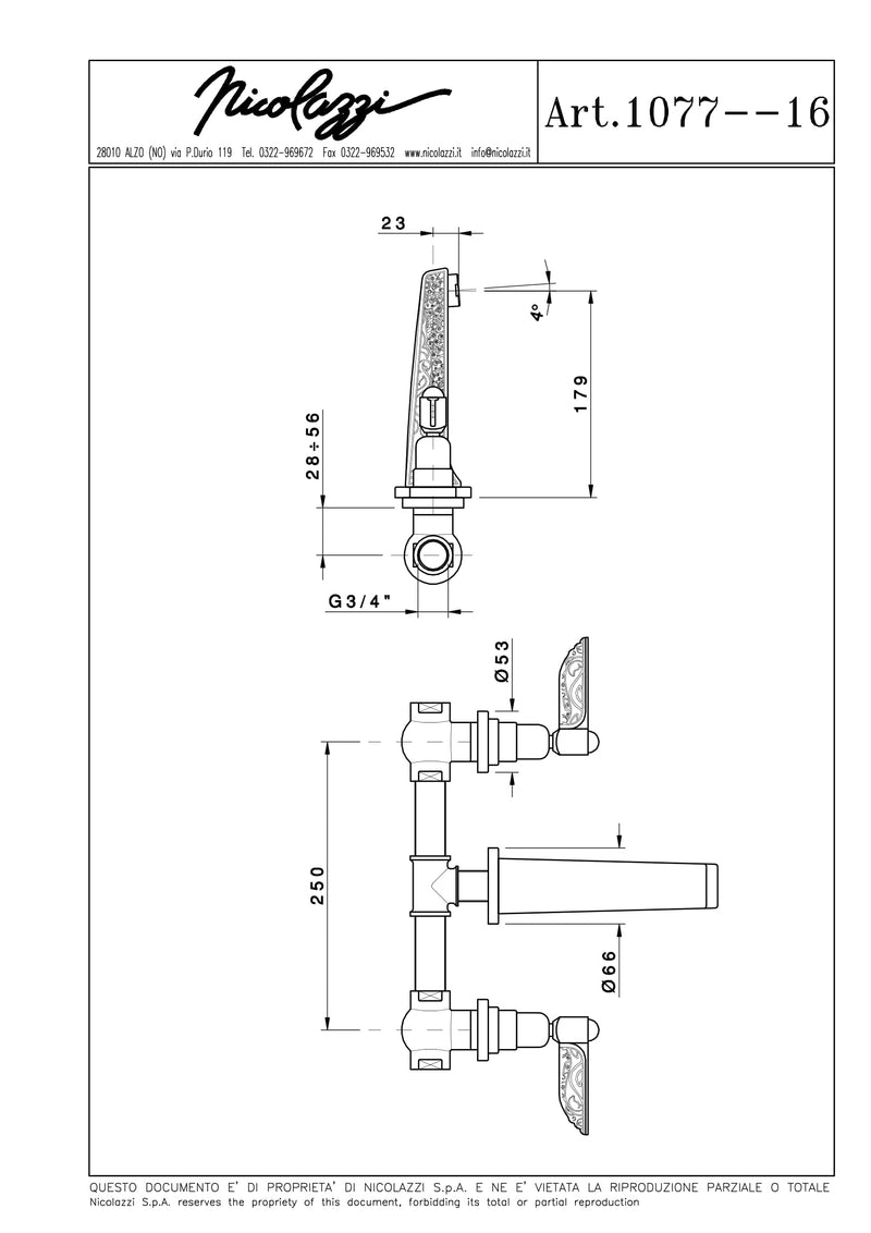 イタリア製 高級水栓金具 壁付け水栓 洗面水栓 混合水栓 蛇口 1077-16【受注生産】