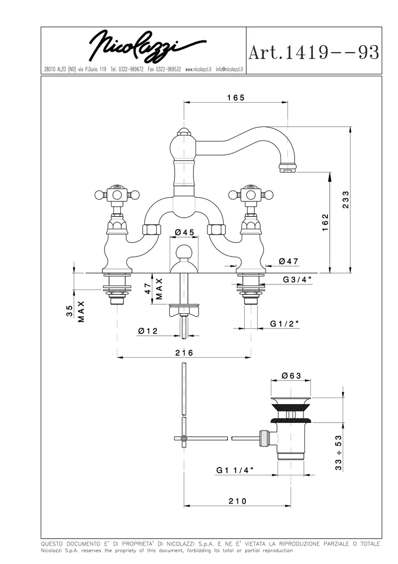 イタリア製 高級水栓金具 洗面水栓 混合水栓 蛇口 1419-93【受注生産】